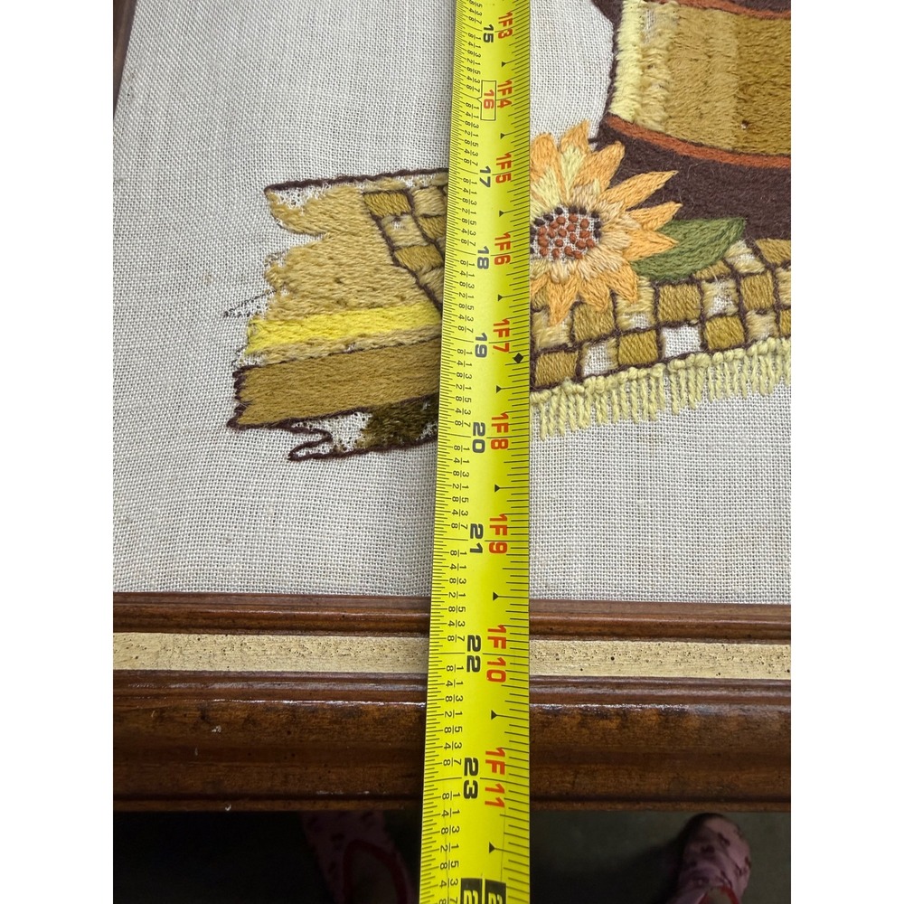 Vintage 70s Crewel Needlepoint Sunflower Floral Wall Art Framed Farmhouse Boho - Picture 10 of 16